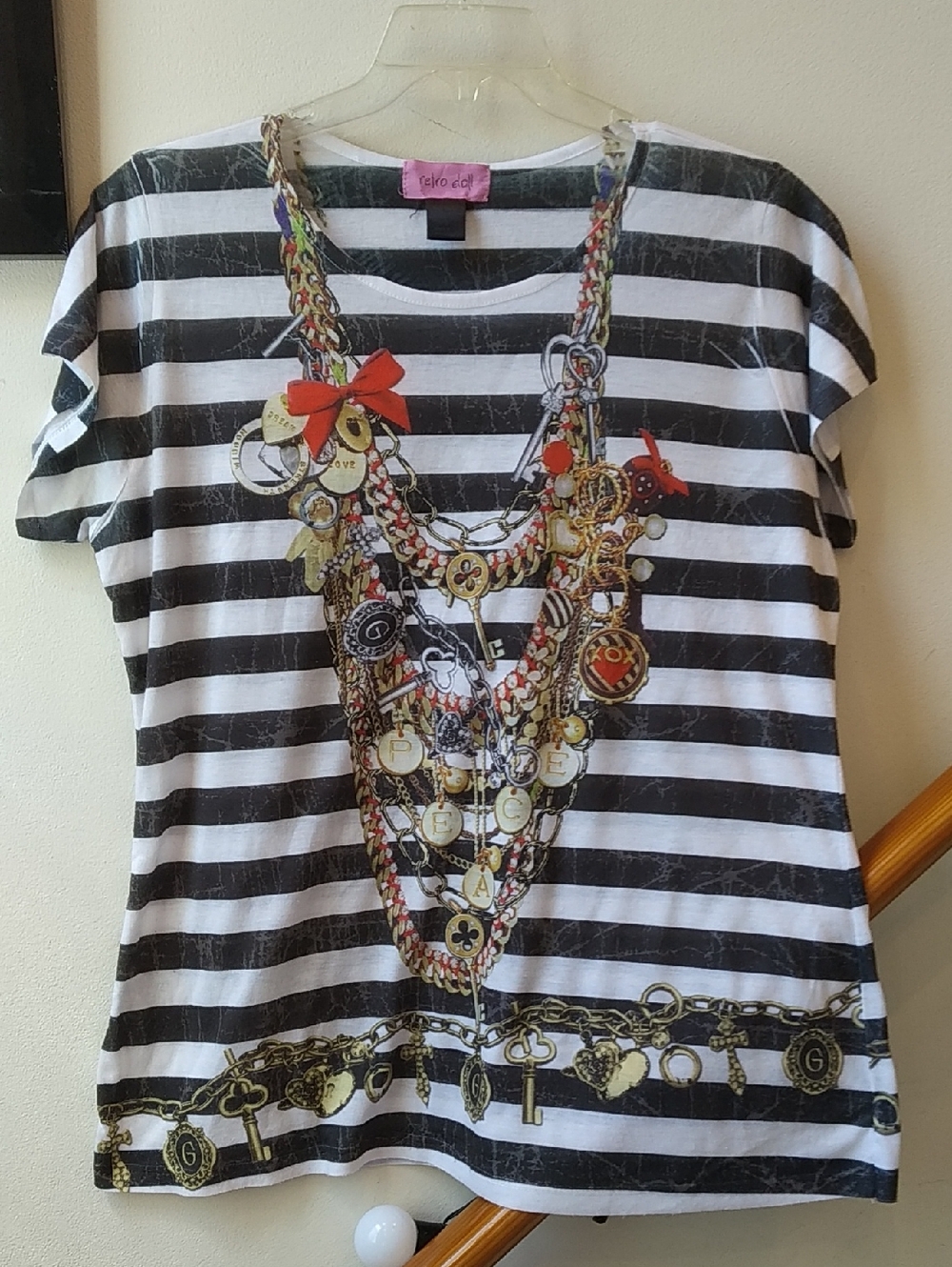 Striped Chain Print Tee with Red Accent